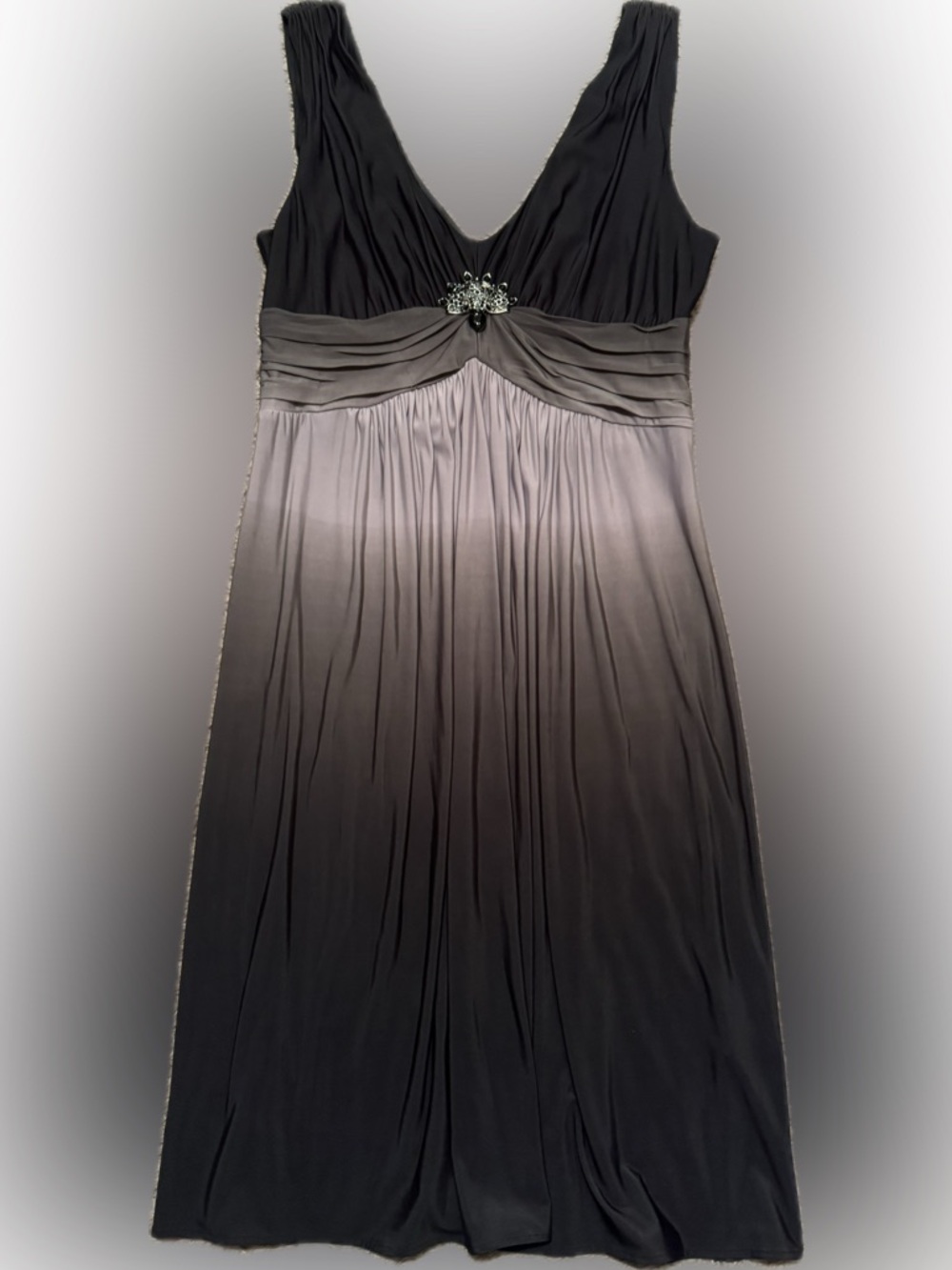 Scarlett Nite Sz 8 Gray to Black Ombre Midi Dress w/ Brooch Cascade Waist